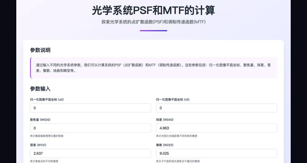 Photology 光学系统 PSF 和 MTF 计算页面